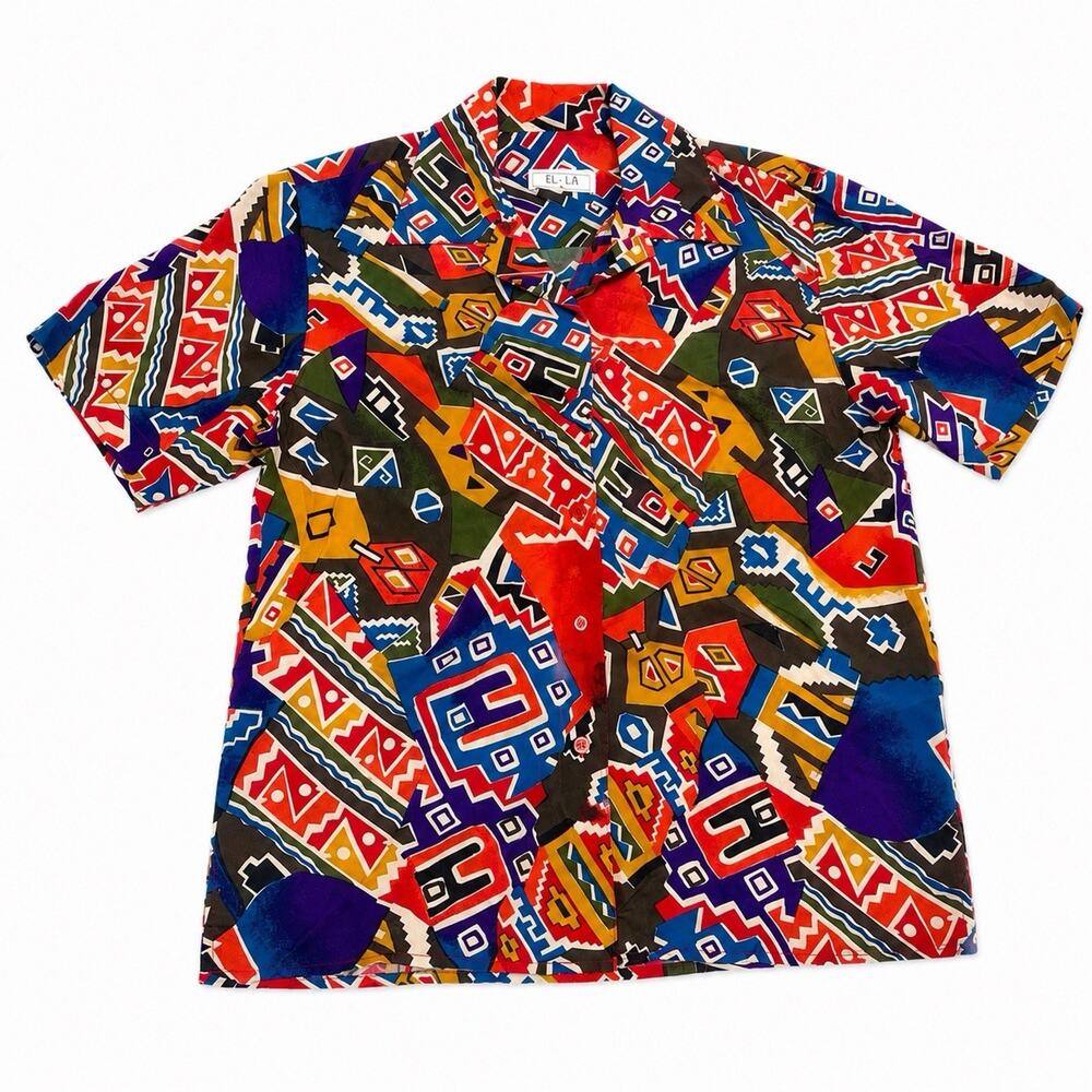 EL.LA Design Women’s Large Multicolor Geometric Print Short Sleeve Blouse